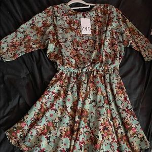 NWT Zara Teal Floral Dress Sz. XS